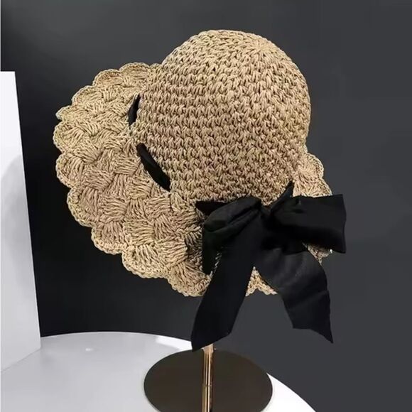Straw Crochet Sun Hat w/ Removable Black Ribbon Vacation Beach Preppy Cottage